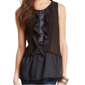 🔥 FREE PEOPLE Tank Top Paint the Town Faux Leather Strap Black Ruffle Front S